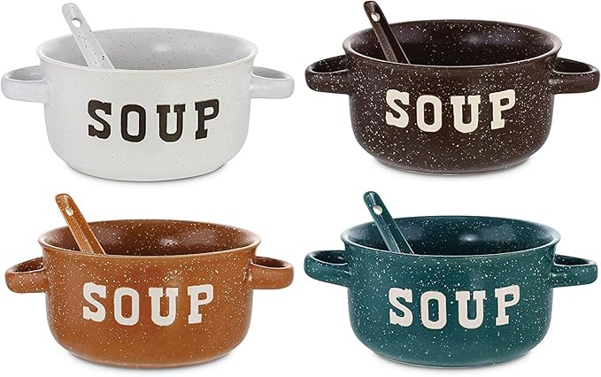 ZENVY Soup Bowl Set of 4 | Ceramic Soup Bowls and Spoons | 22 Ounce (Speckled)