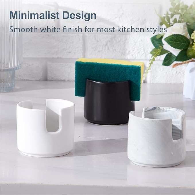 ONEMORE Ceramic Sponge Holder for Kitchen Sink, Kitchen Sink Organizer with Drain, Dish Sponge and Soap Holder for Sink Counter, Cute Corner Ceramic Sponge Holder, In Sink Sponge Storage, White