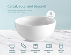 KooK Ceramic Cereal Bowls, Microwave, Dishwasher and Freezer Safe, Porcelain Dishes for Soup, Pasta, Salad, Oatmeal, Deep Interior, 24 oz, Set of 6, Marshmallow White