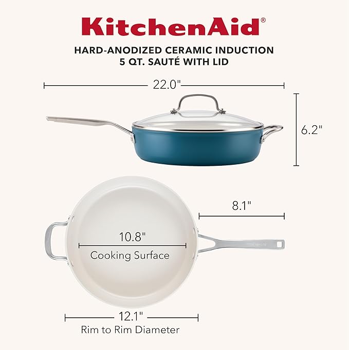 KitchenAid Hard Anodized Ceramic Induction Nonstick Cookware Saute Pan/Jumbo Cooker with Lid and Helper Handle, Dishwasher Safe, 5 Quart Non Stick Sauteuse with Stainless Steel Handles - Agave Blue