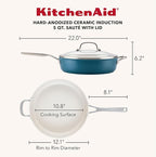 KitchenAid Hard Anodized Ceramic Induction Nonstick Cookware Saute Pan/Jumbo Cooker with Lid and Helper Handle, Dishwasher Safe, 5 Quart Non Stick Sauteuse with Stainless Steel Handles - Agave Blue