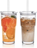 SoulTimes 20oz Glass Tumblers with Lids and Straws, Set of 2 - Stylish Ribbed Design Drinking Glasses for Iced Coffee Cups, Juice, Smoothies, Cold Beverages, Includes Cleaning Brush, Durable Glassware
