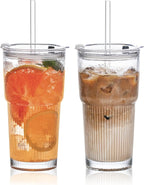 SoulTimes 20oz Glass Tumblers with Lids and Straws, Set of 2 - Stylish Ribbed Design Drinking Glasses for Iced Coffee Cups, Juice, Smoothies, Cold Beverages, Includes Cleaning Brush, Durable Glassware