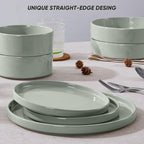 E-far 8-Piece Plates and Bowls Sets - Stoneware Dinnerware Sets with Pasta Bowls for 2 | Microwave & Dishwasher Safe Kitchen Modern Dish Set, Speckled Green