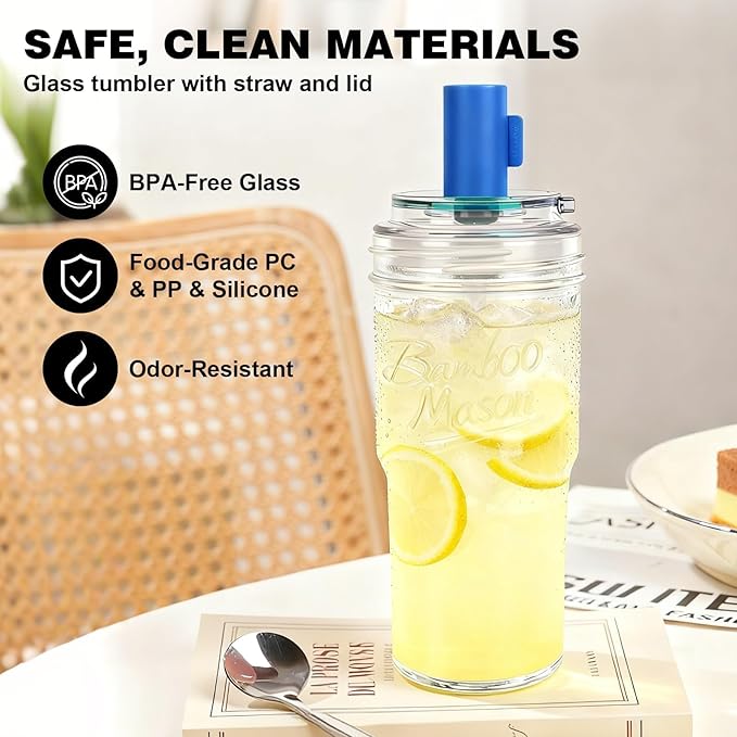 ANOTION 2pc Glass Tumbler with Lids and Straws, Leakproof 24oz Mason Jar Cups, Cap Cup Leak-Proof, Self-Assembly Silicone Straw, Reusable Iced Coffee Smoothie Matcha Cup Aesthetic Coffee Gifts Women
