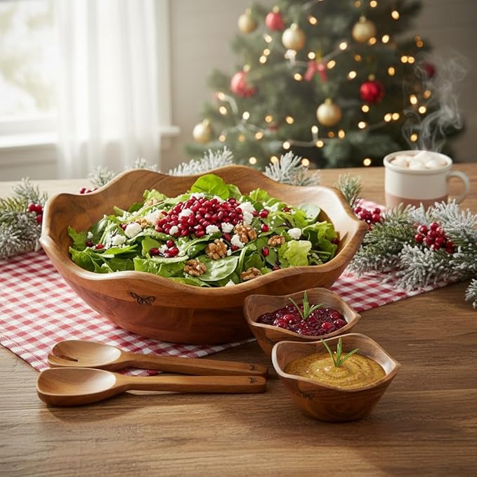 Melvvi Large Wooden Salad Bowl Set with 2 Serving Utensils and 2 Small Bowls | 12" and 6" Acacia Wood Bowls for Food | Mothers Day gift (Natural Set of 5)