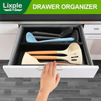 Bamboo Kitchen Drawer Organizer - Set of 2, Stackable Utensil Organizers, Wooden Storage Box Tray for Cabinet, Pantry, Bathroom Countertop, Multi-use Organization and Storage (Black)