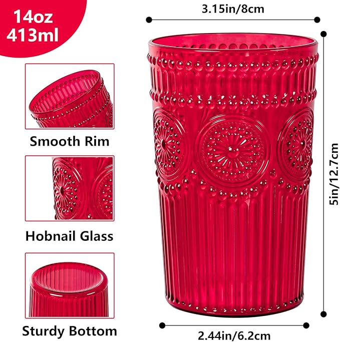 Ciaell 12 Pack Romantic Plastic Water Glasses - 14 Oz Red Vintage Drinking Glasses, Embossed Ribbed Plastic Cups, Textured Striped Set for Juice, Beverages, Beer, Cocktail