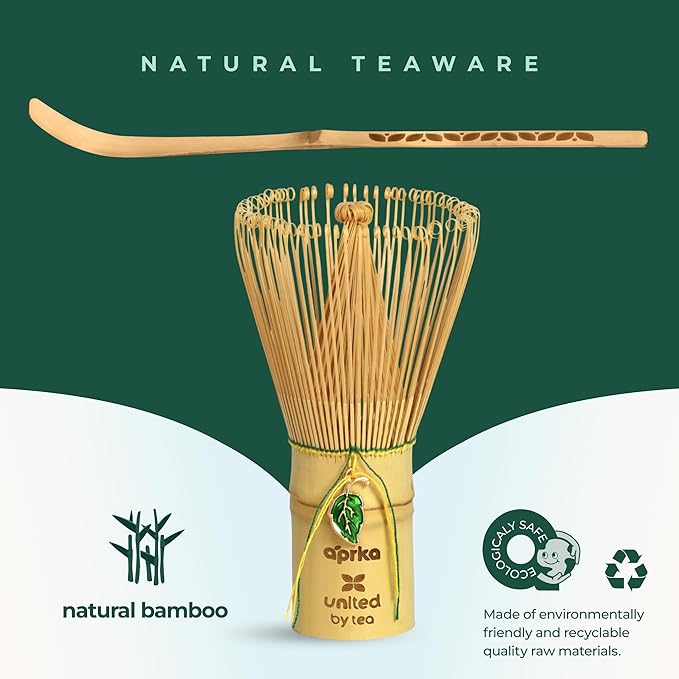 Matcha Gift Set 6 Pcs – Ceramic Bowl, Bamboo Whisk, Whisk Holder, Scoop, Sifter & Cloth – Traditional Japanese Set for Green Tea by Aprika Matcha (White with Cats)