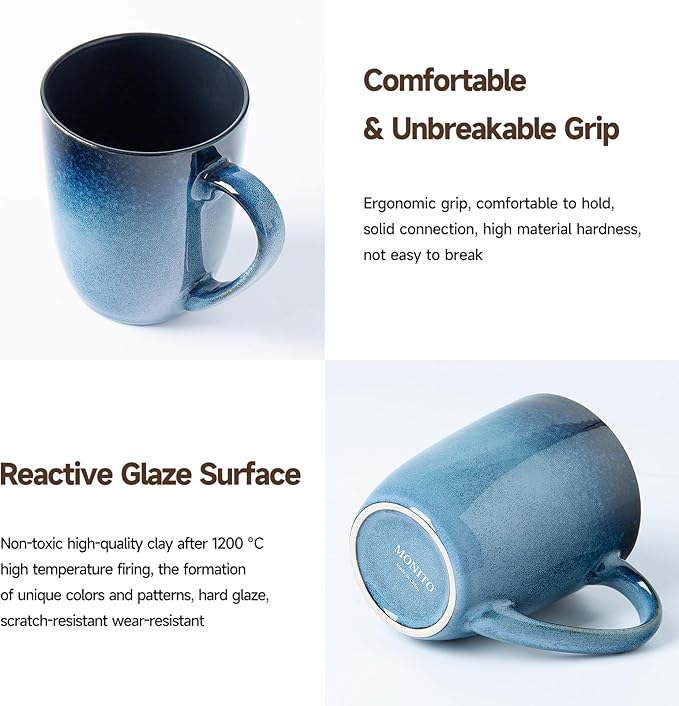 MONITO Large Ceramic Coffee Mugs Set with Handle for Tea/Latte/Cappuccino/Milk/Cocoa, Ice-Snow Blue 14oz, Set of 6, Funny Tea Cups for Office and Home