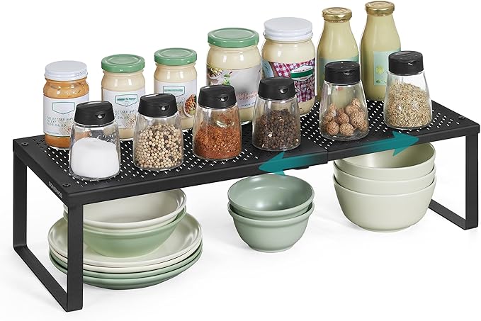 SONGMICS Spice Rack, Expandable Kitchen Countertop Shelf, Small Cupboard Organizer, Metal, Space-Saving Tabletop Shelf, Matte Black UKCS007B01