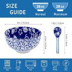 Japanese Ceramic Bowls Set of 6, 28 Oz Large Asian Porcelain Ramen Soup Salad Cereal Noodle Bowl with 6 Spoons, Deep Bowl for Kitchen Decor and Housewarming Gift, Dishwasher & Microwave Safe