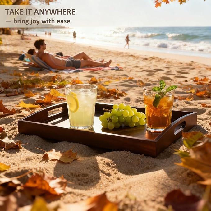 Bamboo Serving Tray with Handles, Set of 2 Large Wood ServingTrays for Food & Coffee, Elegant Wooden Tray for Breakfast in Bed, Kitchen & Party & Entertaining - Black Walnut Finish