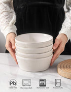 UBEE Ceramic Soup Bowls Set of 4, 6.3 inch Cereal Bowls, Microwave Safe Serving Bowls for Oatmeal, Soup, Pasta, Ramen, Dessert, Fruit, For Breakfast, Lunch and Dinner, White
