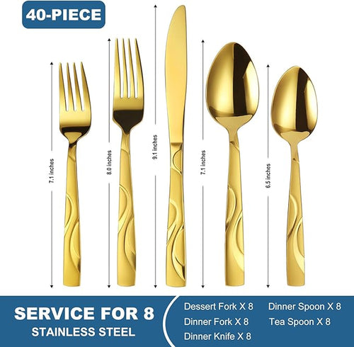 40 Pieces Gold Flatware Silverware Set, Stainless Steel Fork Spoon Knife Set Service for 8, Food Grade Cutlery Set 40-Piece, Dishwasher Safe