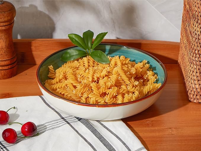 ONEMORE Pasta Bowls 30 Ounce Porcelain Salad Bowls Shallow Bowls for Pasta Set of 4 Shallow Bowl Plates, Microwave & Dishwasher Safe, Assorted Color