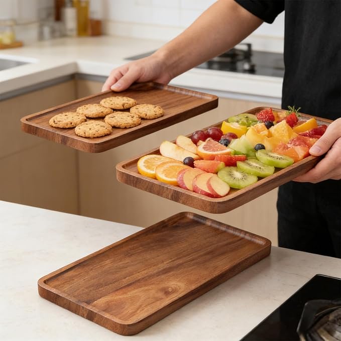 VERTORGAN 2 Pack Acacia Wood Serving Tray,11.8x5.9 Inch Decorative Trays Platter for Coffee Table,Living Room,Bar,Party,Mini Charcuterie Boards Cheese Board,Home Decor