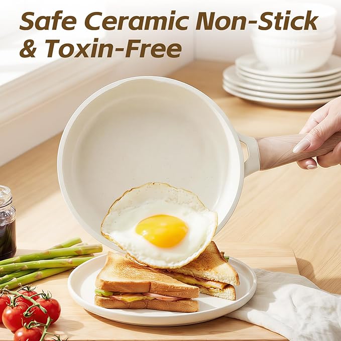 UESLUCK 8 Inch Creamic Non Stick Frying Pan With Lid- Small Creamic Skillet With lid, Egg Pan Non Stick With Cool-Touch Handle, PFAS & PTFE Free, Compatible with All Stovetops