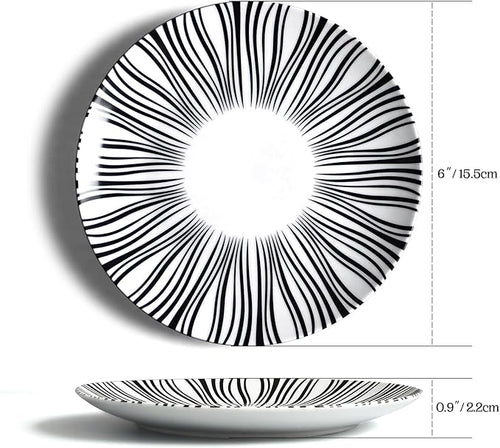 6" Appetizer Plates Set of 6, Black and White Striped Ceramic Dessert Plates, Zebra Pattern Dinner Plates Set for Salad Sandwiches, Minimalist Porcelain Dish Set, Microwave & Dishwasher Safe