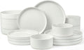 LIANYU 24 Piece Dinnerware Sets with Double Bowls, Ceramic Plates and Bowls Set for 4, Ribbed Stoneware Dishes for Home Kitchen, Microwave and Dishwasher Safe, Speckled White
