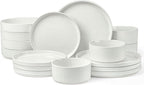 LIANYU 24 Piece Dinnerware Sets with Double Bowls, Ceramic Plates and Bowls Set for 4, Ribbed Stoneware Dishes for Home Kitchen, Microwave and Dishwasher Safe, Speckled White