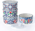 Ceramic Bowls Set with Lids: Set of 4 Microwave Safe Bowls for Soup Meal Prep Cereal Salad Fruit - Food Storage Containers with Lids for Work Lunch Pinic Camping - Pattern A2