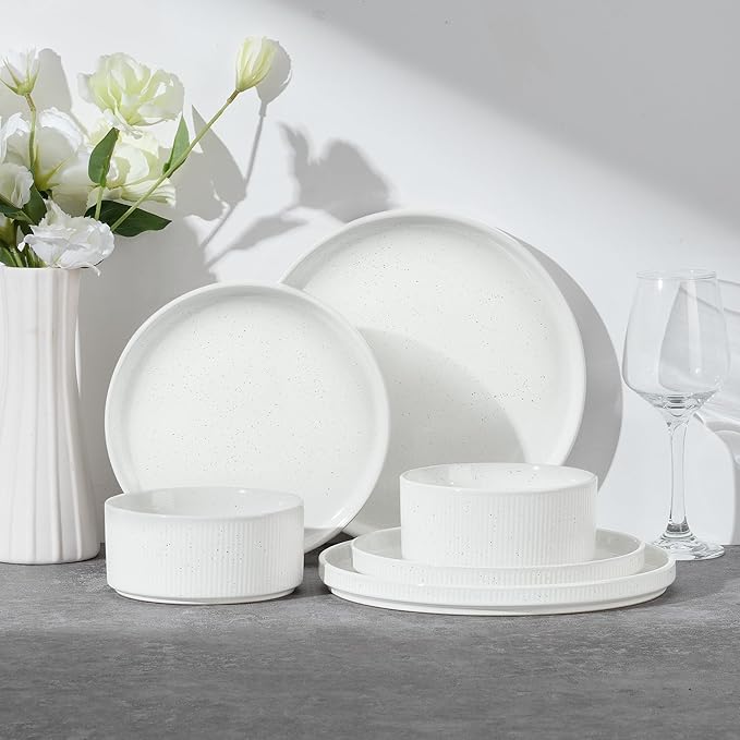 E-far Stoneware Dinnerware Sets for 2, 6-Piece Plates and Bowls Sets, Chip & Scratch Resistant Ribbed Dish Set for Home Restaurant, Microwave & Dishwasher Safe, Speckled White