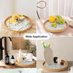 Round Rattan Tray with Mother of Pearl Inlay, Rattan Serving Tray for Coffee, Bread, Fruits, Decorative Wicker Tray for Table Decor, Home Decor, Kitchen Island Decor (Light Blue Leaf, 11.8")