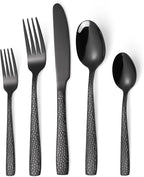 20 Piece Black Modern Flatware Set Hammered Silverware Set Stainless Steel Fine Vintage Dining Cutlery Utensil Set Forged with Hammered Handle Service for 4 Reusable Mirror Finish Dishwasher Safe