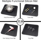 ZLR 2 Pcs Large Silicone Dish Drying Mat (16" x 18") - XL Heavy Duty Drainboard Mat for Pots, Pans & Family Loads - Heat Resistant Trivet & Counter Protector, Easy Clean (Black)