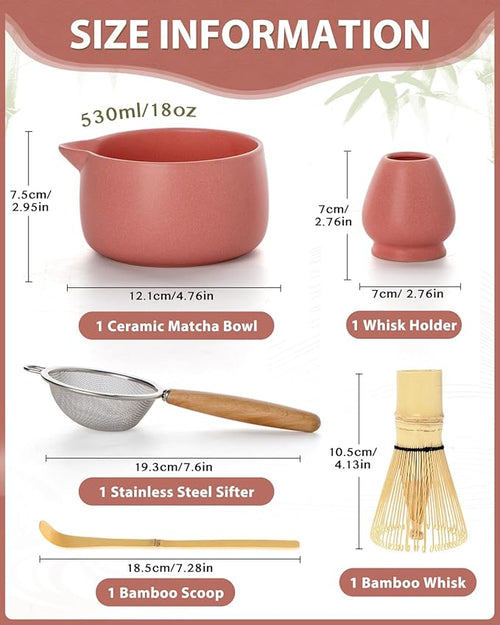 20OZ Matcha Whisk Set - 5PCS Matcha Set Includes Macha Bowl with Spout, Bamboo Whisk with Ceramic Holder, Bamboo Scoop and Sifter, Matcha Kit for Ceremony, Gift for Matcha Lovers (Blush Pink)