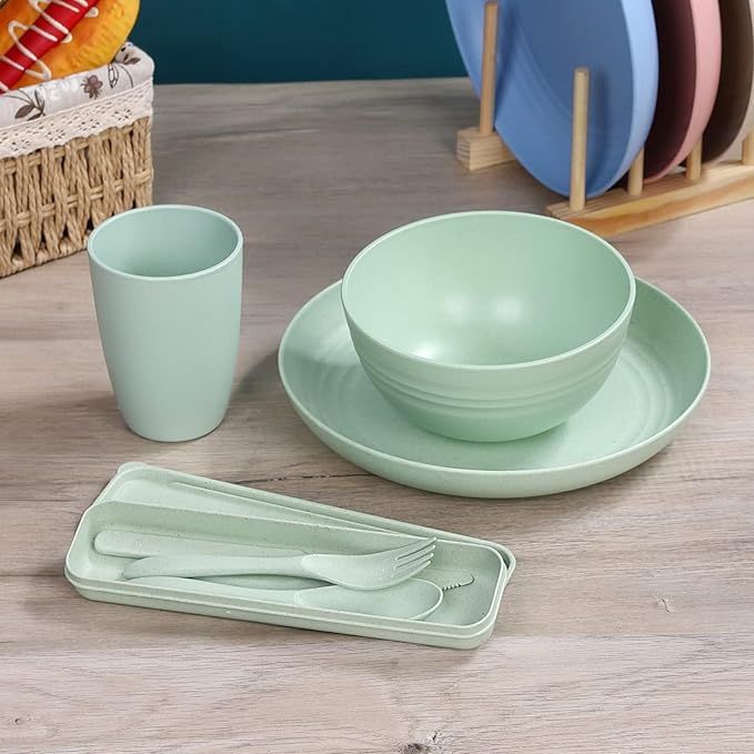 Wheat Straw Dinnerware Sets for 4, Wheat Straw Plates and Bowls Sets Kitchen Dishes 28pcs College Dorm Room Essentials Cutlery Set Microwave Safe (Colorful)