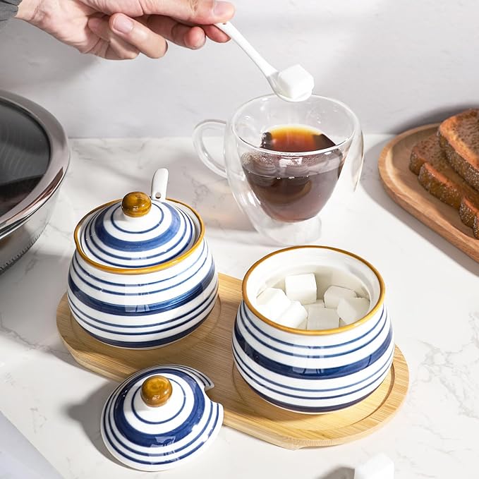 Sugar Bowl Set of 2,Ceramic Sugar Bowl with Lids and Spoon & Wooden Tray,Sugar Jars for Coffee Bars and Home Kitchens(2, Large)