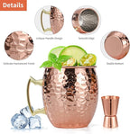 Amrules Moscow Mule Mugs Set of 4, 16 OZ Hammered Copper Cups with 304 Stainless Steel Lining and Gold Brass Handles, Includes Straws, Opener, Jigger, Brush, Fit for Cold Drinks, Bars, Parties