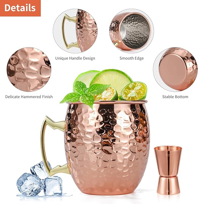 Amrules Moscow Mule Mugs Set of 4, 16 OZ Hammered Copper Cups with 304 Stainless Steel Lining and Gold Brass Handles, Includes Straws, Opener, Jigger, Brush, Fit for Cold Drinks, Bars, Parties