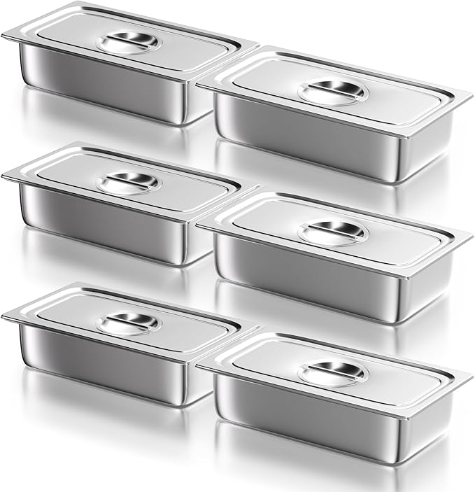 WantJoin Steam Table Hotel Pans with Lid 1/3 Third Size 4 Inch Deep 6 Pack, Stainless Steel Metal Food Storage Container Tray Sets, Restaurant Chafing Dishes Commercial Buffet Catering Supplies