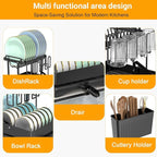 Large Dish Drying Rack 2 Tier for Kitchen Counter, Anti-Rust Metal Dish Rack with Lock & Lift System & Retractable Auto-Drain Spout, Escurridor de Platos with Cutting Board and Utensil Holder