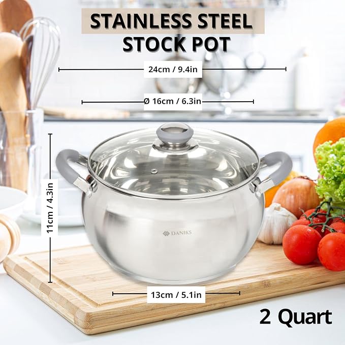 Daniks Modern 2 Quart Stainless Steel Stock Pot with Glass Lid, Tri-Ply Bottom for Even Heating, Induction Compatible, Dishwasher Safe, Heatproof Handles