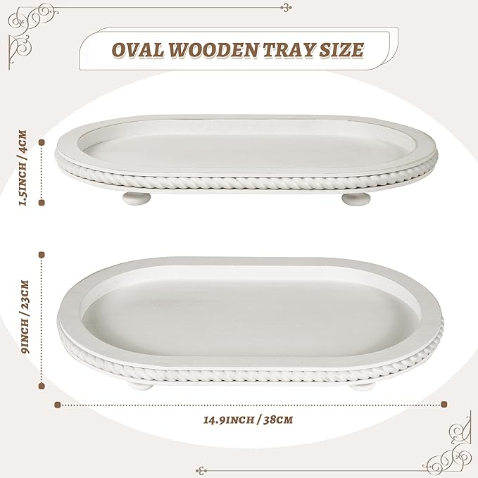 Urban Deco Oval Wooden Tiered Tray, Farmhouse Vintage Decorative Tray Stand for Coffee Table, White Serving Tray for Living Room Kitchen Home Decor - 1 Pack