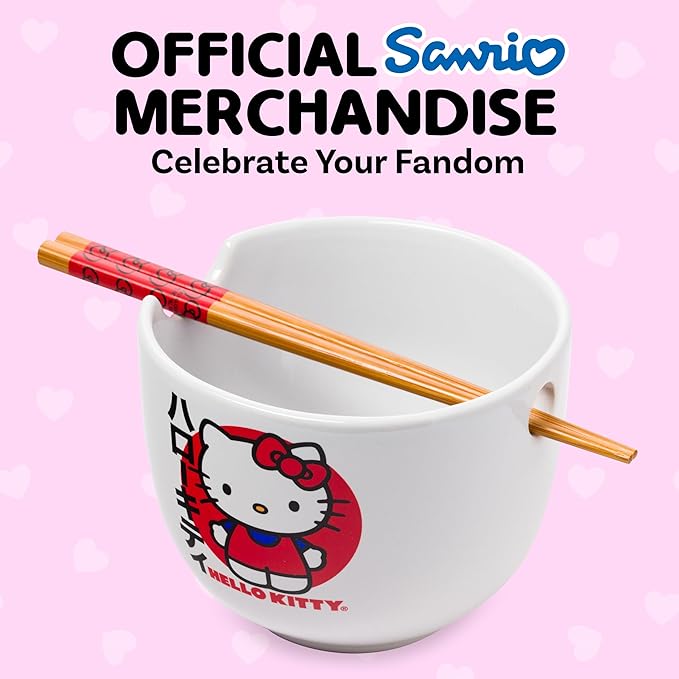 Silver Buffalo Sanrio Hello Kitty Japanese Ceramic Ramen Noodle Rice Bowl with Chopsticks, Microwave Safe, 20 Ounces