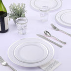 FOCUSLINE 350 Ct Disposable Dinnerware Set for 50 Guests -Heavy Duty Plastic Plates with Silver Rim, Includes 50 Dinner & Salad Plates, Cups, Napkins, Cutlery Set