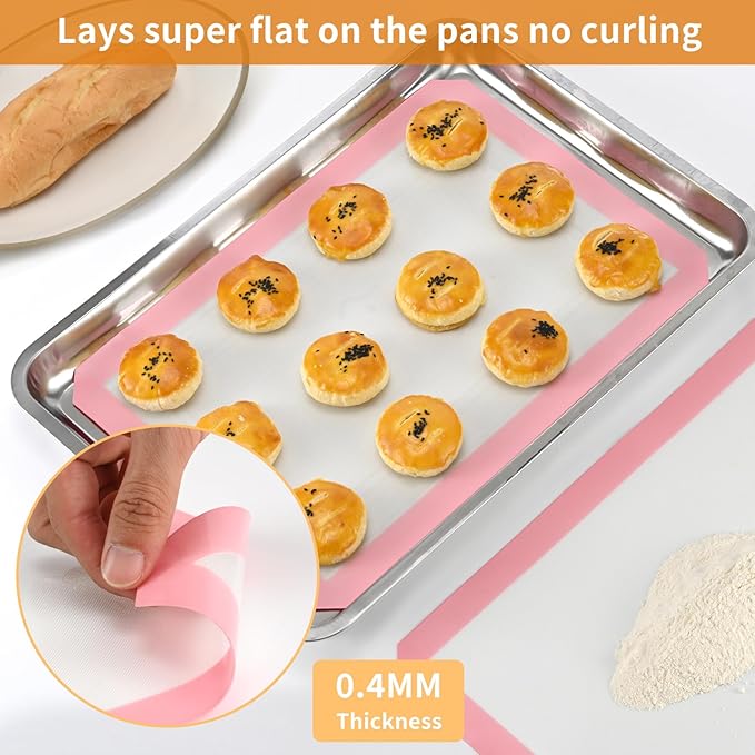 2-Pack Silicone Baking Mats – Non-Stick Reusable BPA-Free Oven Liners, 100% Food-Grade Silicone, Fit Half Sheet Pans (16.54" x 11.62") for Cookies, Pastry & More, White with Pink Edge
