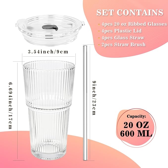 20oz Glass Tumblers with Lids and Straws, Set of 2, Reusable Iced Coffee Cups, Vintage Drinking Glasses, Ribbed Glassware for Whiskey Cocktail Beer, Juice, Style Glasses for Party, Gifts