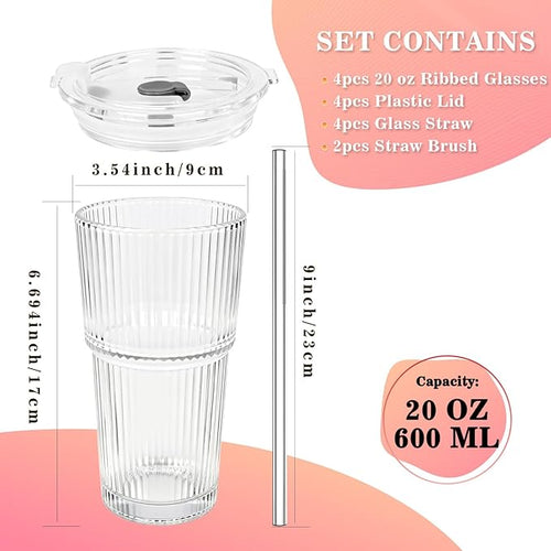 20oz Glass Tumblers with Lids and Straws, Set of 2, Reusable Iced Coffee Cups, Vintage Drinking Glasses, Ribbed Glassware for Whiskey Cocktail Beer, Juice, Style Glasses for Party, Gifts