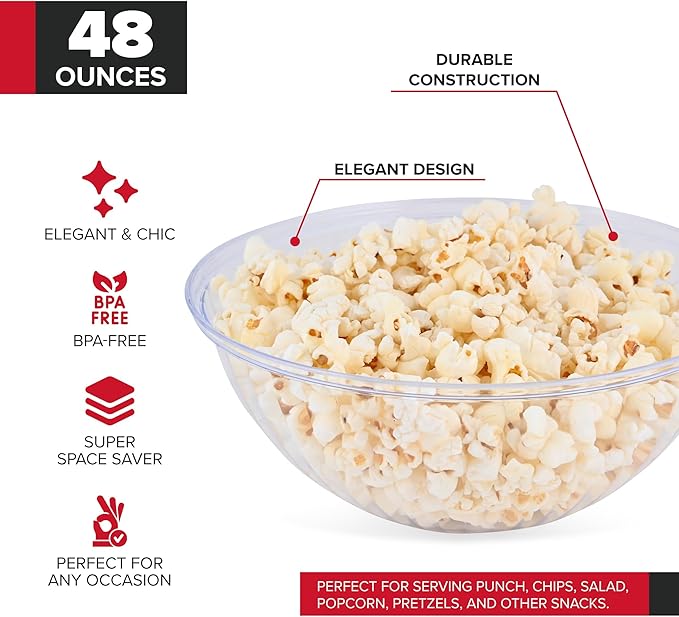 48 oz Clear Plastic Serving Bowls (12 Pack) Disposable Candy Dishes, Buffet Containers for Chips, Popcorn, Snacks, Mints, Salad Bar, Snack Bowl Parties, Office Desk, Bridal Shower, Party Supplies