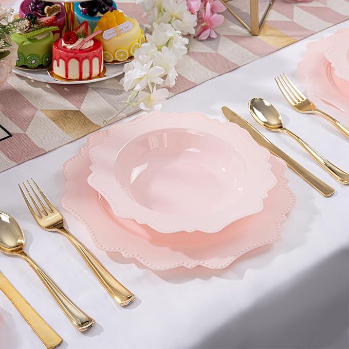 COLOSUS Pink Plastic Party Bowls (60 Pack) 12 Oz Disposable Soup/Salad Bowl, Fancy Shatterproof Dinnerware for Easter, Catering, Holidays, Weddings, and Everyday Use,Easter Day