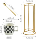 Miamolo Stackable Coffee Mug Set of 4 with Rack 11 oz Tea Cup Set with Little Spoon for Coffee Tea Cocoa Milk, Checkered Black and White Pattern Coffee Mug for Housewarming Gift