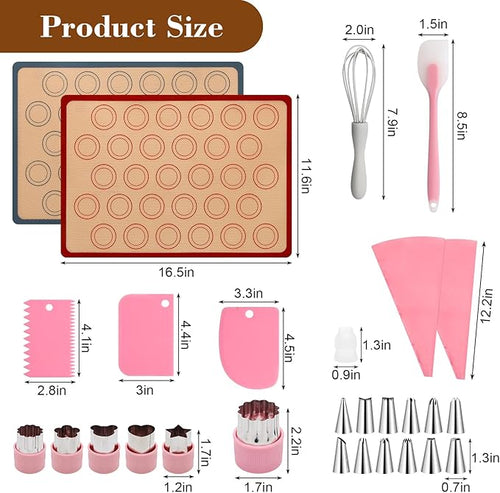 28Pcs Macaron Silicone Baking Mat Kit-2 Sheet Macaron Silicone Baking Mats 11.6"x16.5", 2 Piping Pastry Bag, 12Piping Tip, 1 Coupler, 3 Scraper, 1 Egg Beater, 6 Embossing-Molds Macaron Set