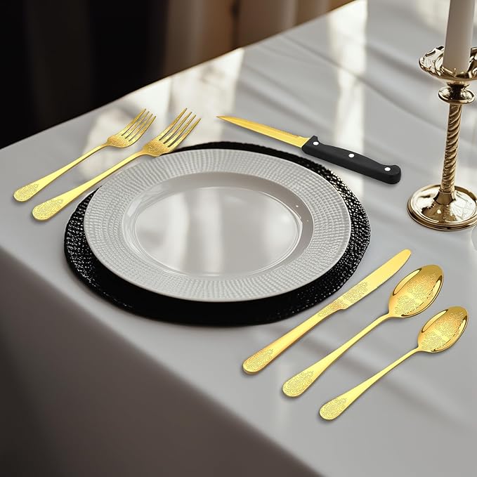 49PCS Gold Silverware Set for 8 with Flatware Drawer Organizer, Stainless Steel Cutlery Set with Steak Knives, Include Spoons and Forks Set, Carving floral patterns