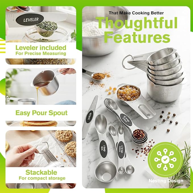 Measuring Cups and Spoons Set, 304 Stainless Steel Measuring Cups Set of 7,8 Magnetic Stainless Steel Measuring Spoons & 1 Leveler for for Measure Dry and Liquid Ingredients